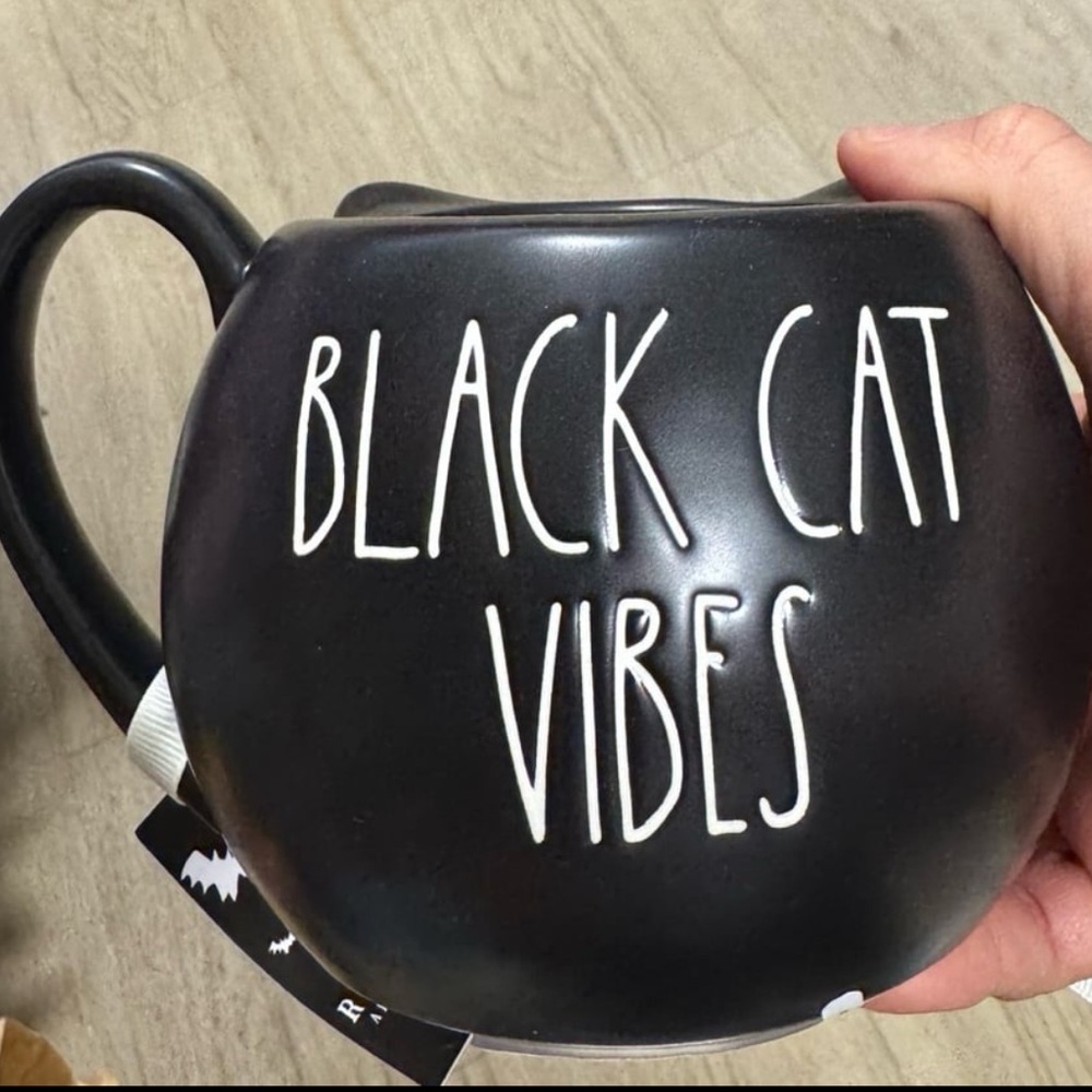 Rae Dunn Halloween Black Cat Vibes Eye Changing Figural Ceramic Coffee Mug NWT